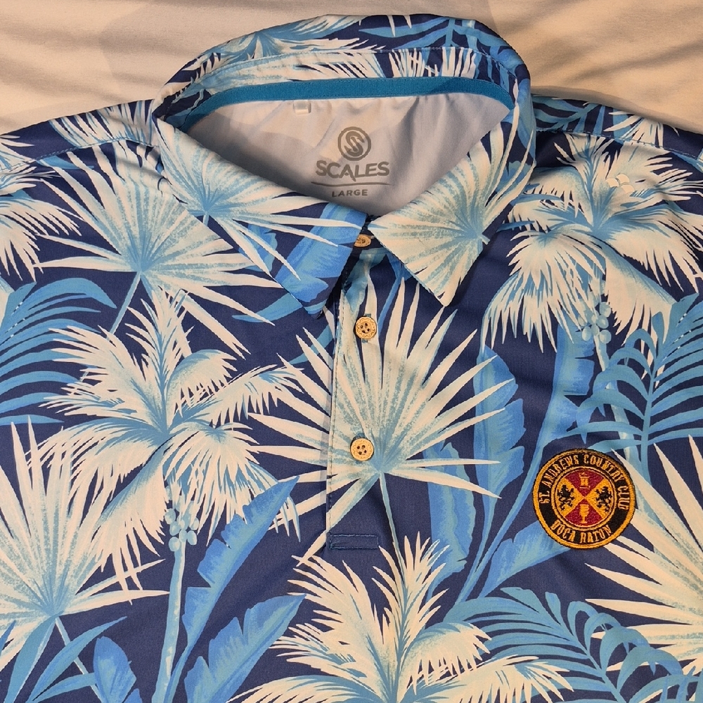 Scales Golf St. Andrews Country Club Boca Baton Tropical Leaf Mens Polo